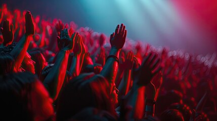 Concert crowd with hands up under red stage lights.