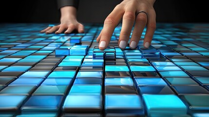 A hand interacting with a futuristic blue 3D touch interface.
