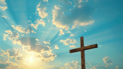 A wooden cross against a blue sky with clouds and sun light