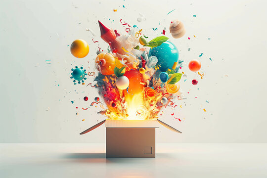 A gift box with many things bursting forth, bursting out new ideas, new thoughts and so on.