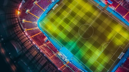 Night time, a soccer stadium and pitch, view from the stands looking down, vivid colours