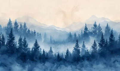 Fotobehang Beautiful nature landscape with mountains and pine tree, generated by AI © Sigit