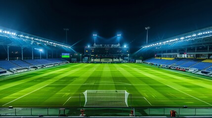 Naklejka premium Night time, a soccer stadium and pitch, view from the stands looking down, vivid colours