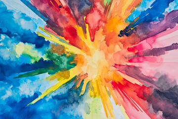 A watercolor illustration of a colorful explosion, with a beautiful blue sky in the background