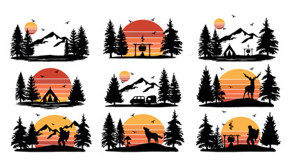 camping in the forest in the mountains vector set silhouette