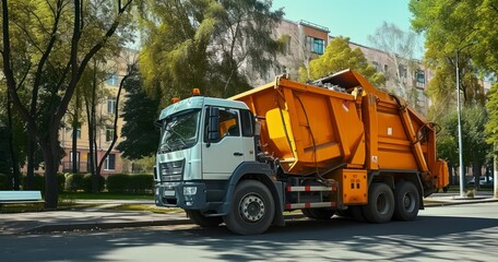 A Garbage Truck Embarks on Its Daily Route Outdoors - obrazy, fototapety, plakaty