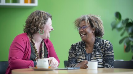 Two colleagues, one introverted and reserved, the other outgoing and bubbly, share a laugh over coffee in the break room. The background is a calming green,