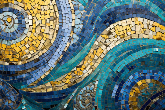 An intricately patterned mosaic artwork in shades of blue, green, and gold