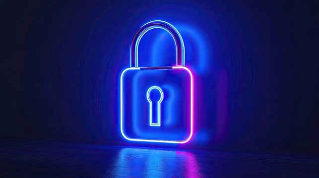 Padlock with blue and purple neon glow on wood.