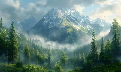 Wandaufkleber Beautiful nature landscape with mountains and pine tree, generated by AI © Sigit