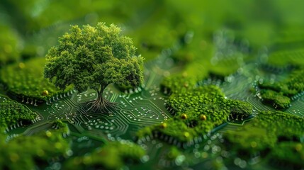 Lush tree on a circuit board symbolizing the intersection of technology and nature.AI Generative ,