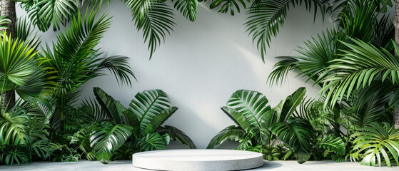  Concrete pedestal mockup surrounded by lush tropical greenery in a misty environment, ideal for displaying products mock up or design pieces. 
