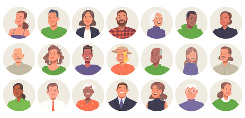 Set of avatars of multicultural men and women of different ages in a circle. Vector illustration - 744988127