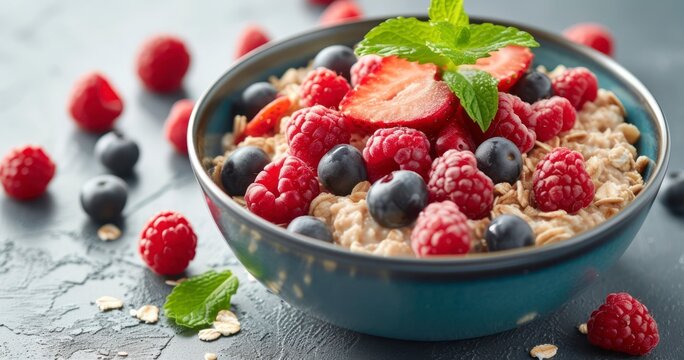 Savory Oatmeal Paired with Vibrant Berries, Presented on a White Canvas