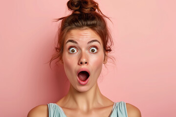 A surprised woman with a twisted mouth and wide eyes on a pink background