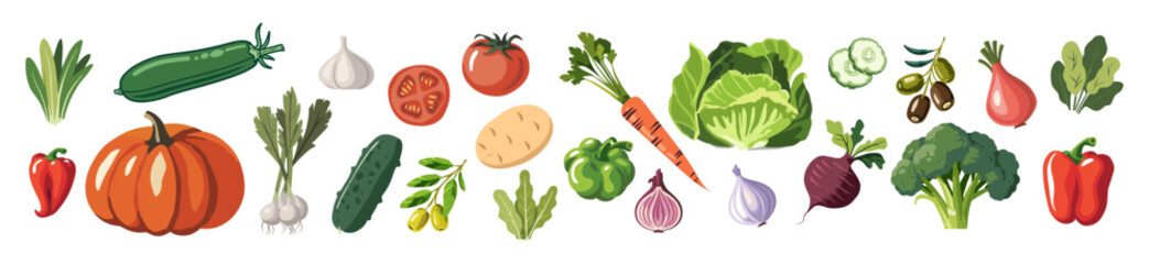 Set of different vegetables. Collection of healthy vegan and vegetarian food icons. Natural organic products. Simple flat style vector hand drawn illustrations isolated on transparent background. - obrazy, fototapety, plakaty