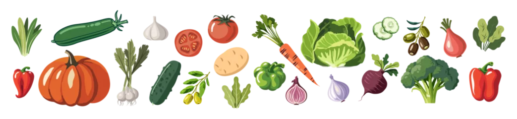 Fotobehang Set of different vegetables. Collection of healthy vegan and vegetarian food icons. Natural organic products. Simple flat style vector hand drawn illustrations isolated on transparent background. © Creative_Juice_Art