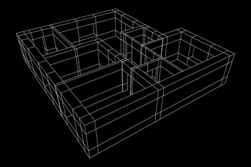 Architecture building. Modern house plan. Wireframe low poly mesh.