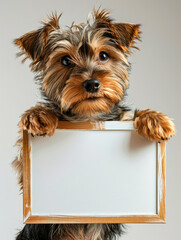 Adorable Yorkshire Terrier dog holding a blank wooden frame with its front paws, peering over with expressive eyes, against a neutral background.