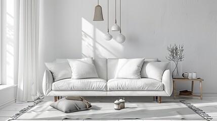 A bright living room with a sofa in a minimalist style. Minimalistic design.