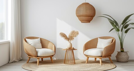 A Warm-Toned Living Room Mockup Featuring Cream Armchairs Against a White Wall
