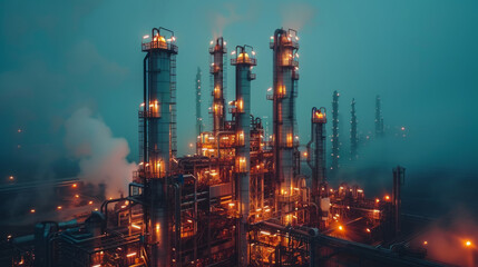 Fototapeta premium Illuminated industrial refinery towers at night with atmospheric fog, showcasing complex piping and structural elements in a moody, cinematic setting.