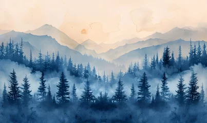 Zelfklevend Fotobehang Beautiful nature landscape with mountains and pine tree, generated by AI © Sigit