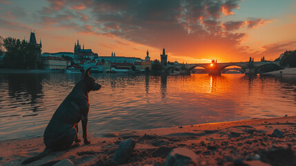 A dog sitting on riverbank in prague - obrazy, fototapety, plakaty