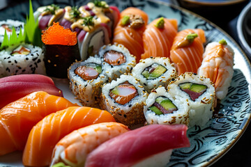 A plate of sushi with a variety of rolls and sashimi. The plate is decorated with soy sauce and pickled ginger