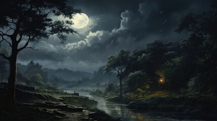 contemplative rain sky scene, accentuated by the subtle and gentle light of a misty night, evoking a sense of tranquility in the midst of rainfall