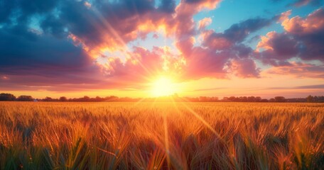 A Fantastic Sunset Illuminates Whimsical Wheat Fields with Enchanting Sunbeams - obrazy, fototapety, plakaty