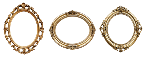 Antique gold oval frame isolated on transparent background for art display