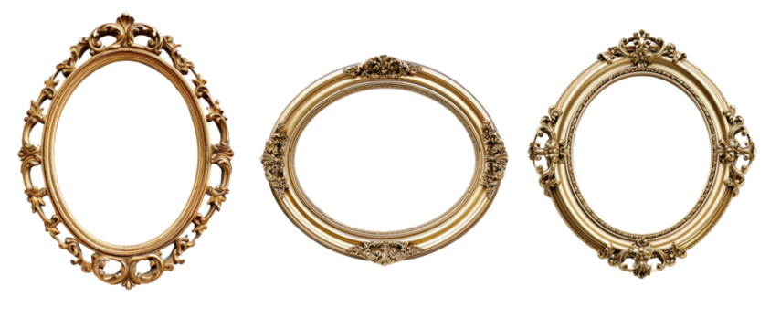 Antique gold oval frame isolated on transparent background for art display