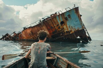 Dramatic scene of a young man rowing witnessing a colossal passenger ship wreck in progress - obrazy, fototapety, plakaty