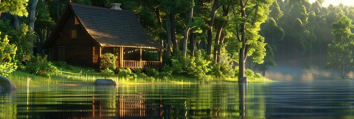 Log cabin in the forest near the lake during the summer season
