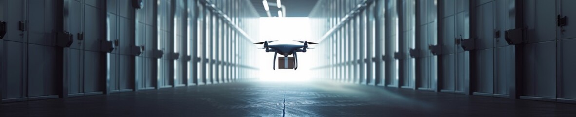 Naklejka na ściany i meble Innovative drone transporting a parcel into storage crucial for a modern shipping company