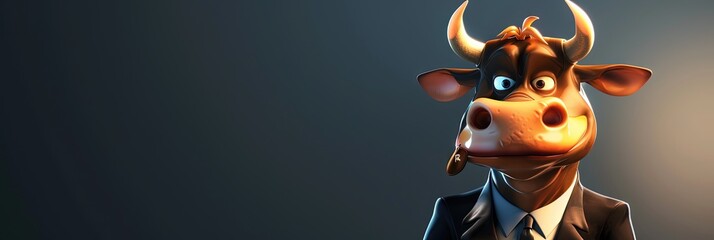 Bull wearing a suit in modern 3D animation style for a bull market with VCs and investors on the stock market - obrazy, fototapety, plakaty