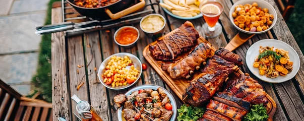 Muurstickers Smoky barbecue spread variety of meats glistening with sauce rustic wooden table outdoor setting vibrant side dishes warm inviting ambiance © Virtual Art Studio