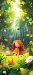 Tranquil cartoon park setting young girl immersed in a fairy tale meadow alive with creative creatures