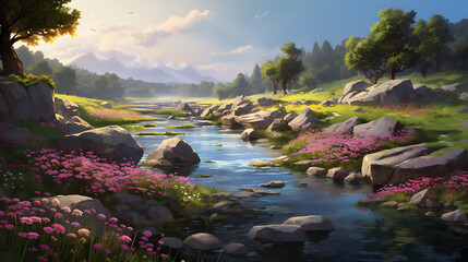 Present a serene riverbank with stones surrounded by blooming wildflowers.