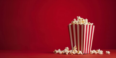 Flying popcorn in a striped red and white package on a red background with space for text. AI generative