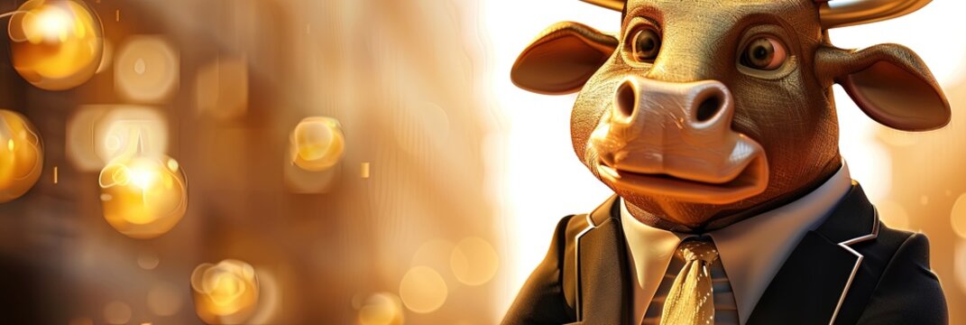 Bull wearing a suit in modern 3D animation style for a bull market with VCs and investors on the stock market