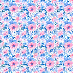 Stylish Seamless Pattern. Blue and Pink Floral Watercolor for Wallpapers, Textiles, and Wrapping Papers