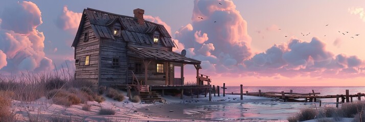Beach house with pink sky at sunset in modern 3D animation style - obrazy, fototapety, plakaty
