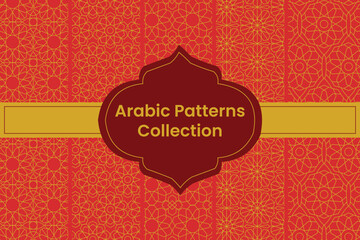 Set of Golden Arabic Patterns on Red Background, Vector