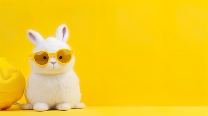 Funny rabbit wearing sunglasses on yellow pastel color background.