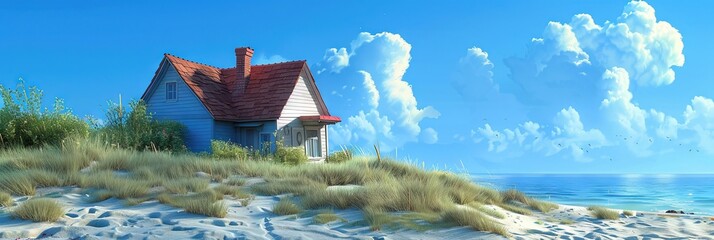 Beach house with blue sky in modern 3D animation style - obrazy, fototapety, plakaty