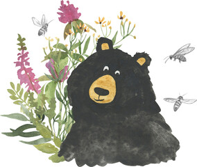 Simple watercolor drawing of a bear in wildflowers