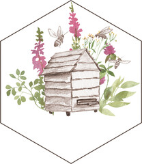Drawing of a beehive with watercolor flowers