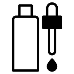 Dropper bottle with serum or oil, linear icon. Cosmetic product in vial with pipette.